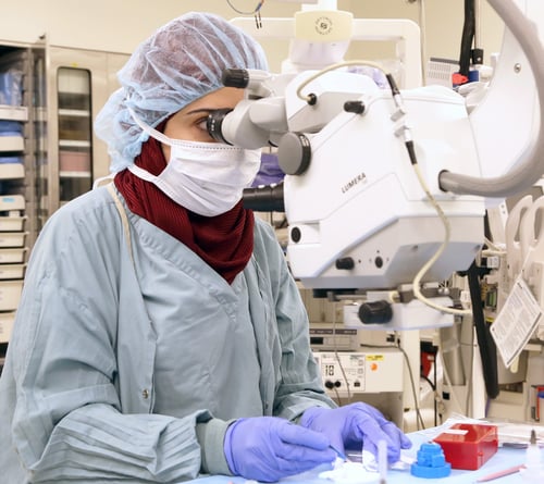 Dr. Noor Alqudah, a surgeon at King Abdullah University Hospital in Jordan, practices an advanced corneal transplantation technique at Kellogg Eye Center in Michigan.