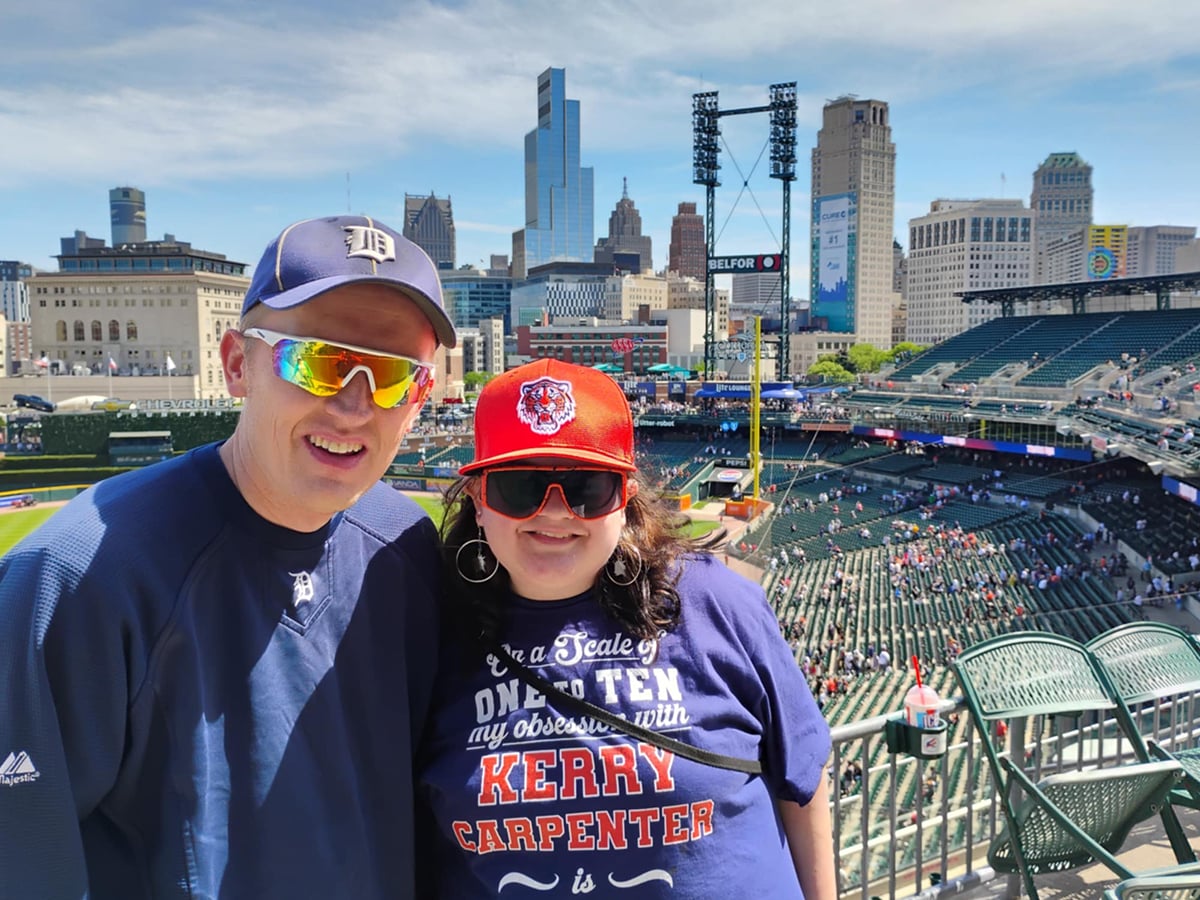 Mindy and her boyfriend Robert at a Tigers baseball game